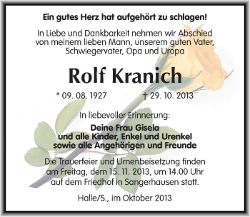 Traueranzeige von Rolf Kranich von Mitteldeutsche Zeitung Halle/Saalkreis