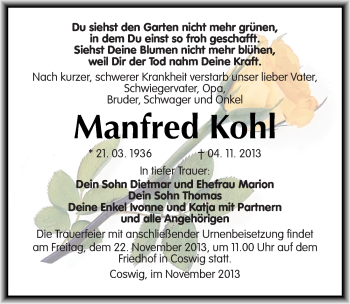 Traueranzeige von Manfred Kohl von Mitteldeutsche Zeitung Wittenberg
