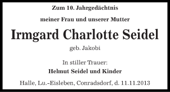 Traueranzeige von Irmgard Charlotte Seidel von Mitteldeutsche Zeitung Mansfelder Land