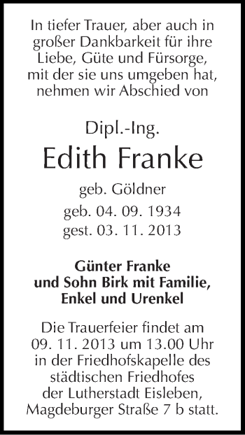 Traueranzeige von Edith Franke von Mitteldeutsche Zeitung Halle/Saalkreis