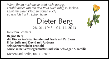 Traueranzeige von Dieter Berg von Mitteldeutsche Zeitung Köthen