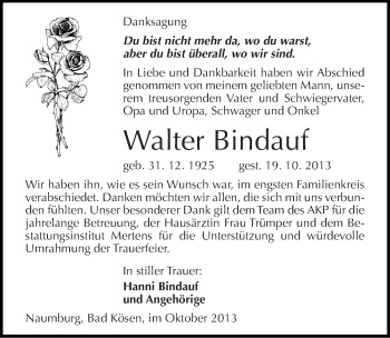 Traueranzeige von Walter Bindauf von Mitteldeutsche Zeitung Naumburg/Nebra