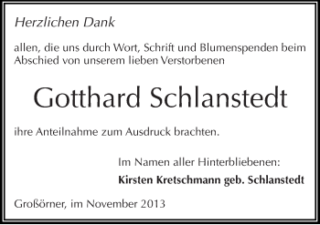 Traueranzeige von Gotthard Schlanstedt von Mitteldeutsche Zeitung Mansfelder Land