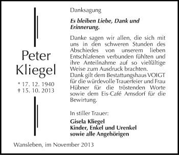 Traueranzeige von Peter Kliegel von Mitteldeutsche Zeitung Mansfelder Land