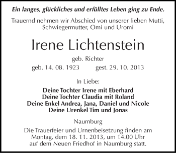 Traueranzeige von Irene Lichtenstein von Mitteldeutsche Zeitung Naumburg/Nebra