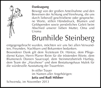 Traueranzeige von Brunhilde Steinberg von Mitteldeutsche Zeitung Sangerhausen