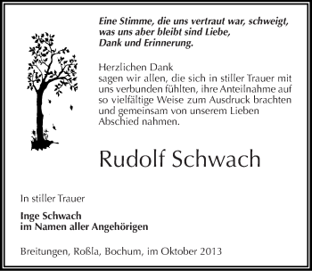 Traueranzeige von Rudolf Schwach von Mitteldeutsche Zeitung Sangerhausen