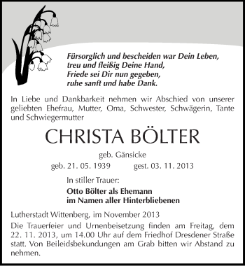 Traueranzeige von Christa Bölter von Mitteldeutsche Zeitung Wittenberg
