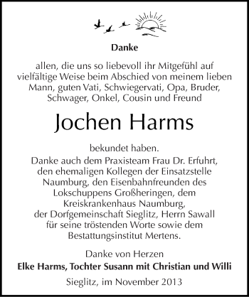 Traueranzeige von Jochen Harms von Mitteldeutsche Zeitung Naumburg/Nebra