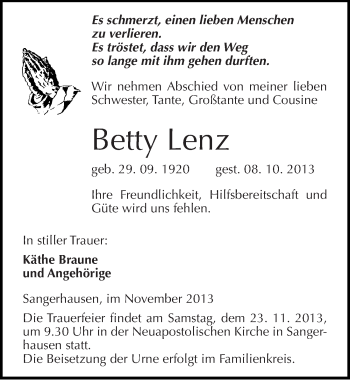 Traueranzeige von Betty Lenz von Mitteldeutsche Zeitung Sangerhausen