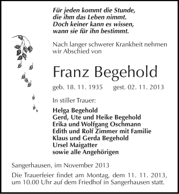 Traueranzeige von Franz Begehold von Mitteldeutsche Zeitung Sangerhausen