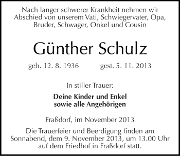 Traueranzeige von Günther Schulz von Mitteldeutsche Zeitung Köthen