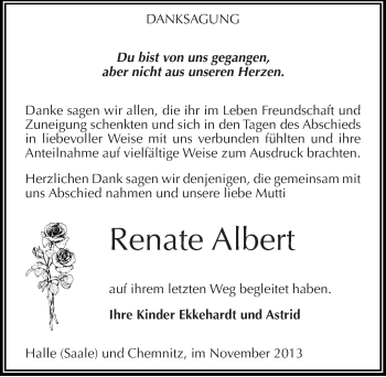 Traueranzeige von Renate Albert von Mitteldeutsche Zeitung Halle/Saalkreis