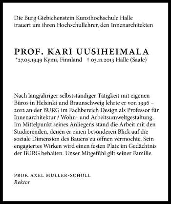 Traueranzeige von Kari Uusiheimala von Mitteldeutsche Zeitung Halle/Saalkreis