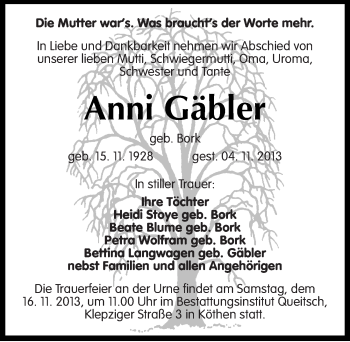 Traueranzeige von Anni Gäbler von Mitteldeutsche Zeitung Köthen