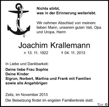 Traueranzeige von Joachim Krallemann von Mitteldeutsche Zeitung Zeitz