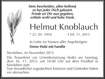 Traueranzeige von Helmut Knoblauch von Mitteldeutsche Zeitung Mansfelder Land