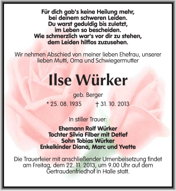 Traueranzeige von Ilse Würker von Mitteldeutsche Zeitung Halle/Saalkreis