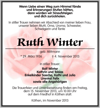 Traueranzeige von Ruth Winter von Mitteldeutsche Zeitung Köthen