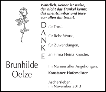 Traueranzeige von Brunhilde Oelze von Mitteldeutsche Zeitung Aschersleben