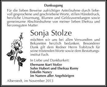 Traueranzeige von Sonja Stolze von Mitteldeutsche Zeitung Merseburg/Querfurt