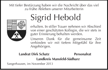 Traueranzeige von Sigrid Hebold von Mitteldeutsche Zeitung Aschersleben