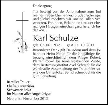 Traueranzeige von Karl Schulze von Mitteldeutsche Zeitung Naumburg/Nebra