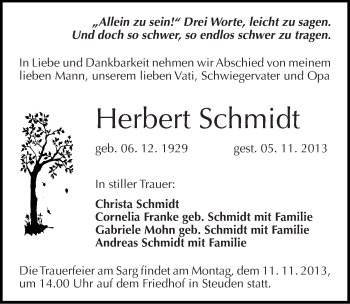 Traueranzeige von Herbert Schmidt von Mitteldeutsche Zeitung Halle/Saalkreis