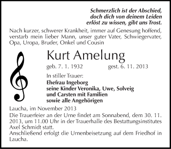 Traueranzeige von Kurt Amelung von Mitteldeutsche Zeitung Naumburg/Nebra