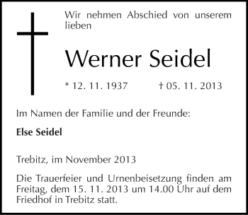 Traueranzeige von Werner Seidel von Mitteldeutsche Zeitung Wittenberg