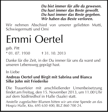 Traueranzeige von Emmi Oertel von Mitteldeutsche Zeitung Halle/Saalkreis