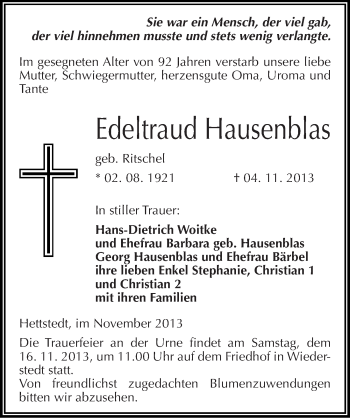 Traueranzeige von Edeltraud Hausenblas von Mitteldeutsche Zeitung Mansfelder Land