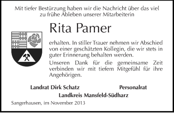 Traueranzeige von Rita Pamer von Mitteldeutsche Zeitung Aschersleben
