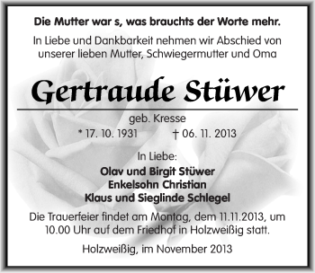 Traueranzeige von Gertraude Stüwer von Mitteldeutsche Zeitung Bitterfeld