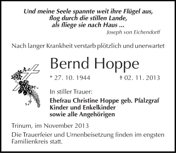 Traueranzeige von Bernd Hoppe von Mitteldeutsche Zeitung Köthen