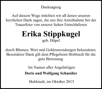 Traueranzeige von Erika Stippkugel von Mitteldeutsche Zeitung Sangerhausen