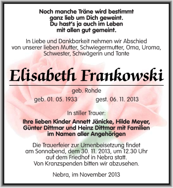 Traueranzeige von Elisabeth Frankowski von Mitteldeutsche Zeitung Naumburg/Nebra