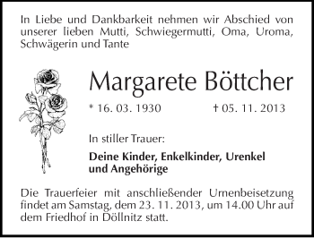 Traueranzeige von Margarete Böttcher von Mitteldeutsche Zeitung Halle/Saalkreis