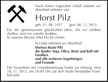 Traueranzeige von Horst Pilz von Mitteldeutsche Zeitung Halle/Saalkreis