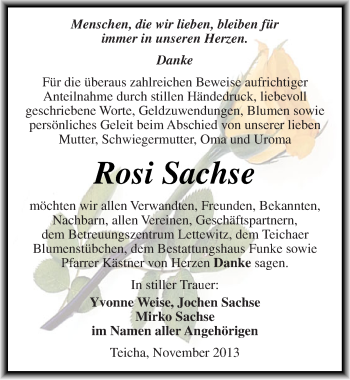 Traueranzeige von Rosi Sachse von Mitteldeutsche Zeitung Halle/Saalkreis