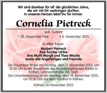 Traueranzeige von Cornelia Pietreck von Mitteldeutsche Zeitung Köthen