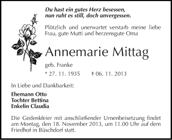 Traueranzeige von Annemarie Mittag von Mitteldeutsche Zeitung Halle/Saalkreis