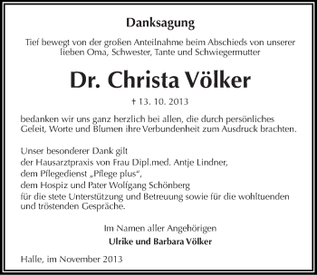 Traueranzeige von Christa Völker von Mitteldeutsche Zeitung Halle/Saalkreis