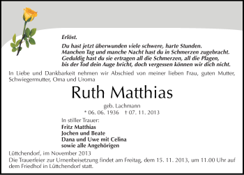Traueranzeige von Ruth Matthias von Mitteldeutsche Zeitung Mansfelder Land