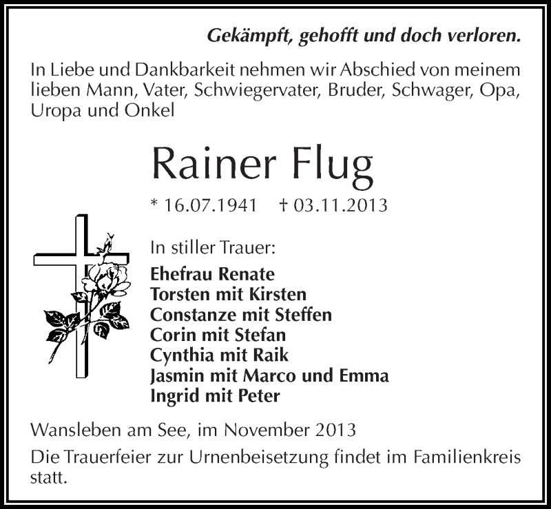  Traueranzeige für Rainer Flug vom 12.11.2013 aus Mitteldeutsche Zeitung Mansfelder Land