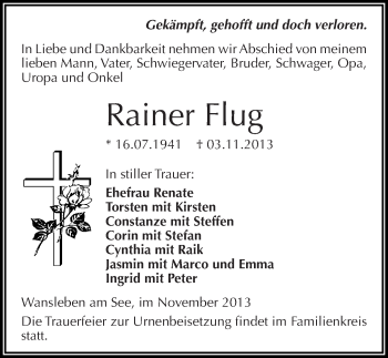 Traueranzeige von Rainer Flug von Mitteldeutsche Zeitung Mansfelder Land