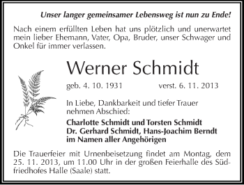 Traueranzeige von Werner Schmidt von Mitteldeutsche Zeitung Halle/Saalkreis