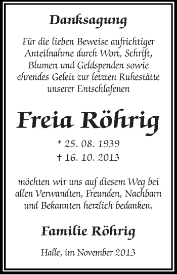 Traueranzeige von Freia Röhrig von Mitteldeutsche Zeitung Halle/Saalkreis