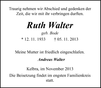 Traueranzeige von Ruth Walter von Mitteldeutsche Zeitung Sangerhausen