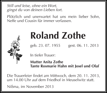 Traueranzeige von Roland Zothe von Mitteldeutsche Zeitung Zeitz